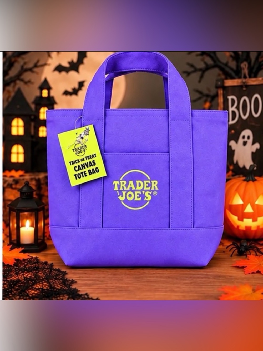 Trader Joe's Halloween 2026 Mini Tote Purple Canvas Tote Bag NWT